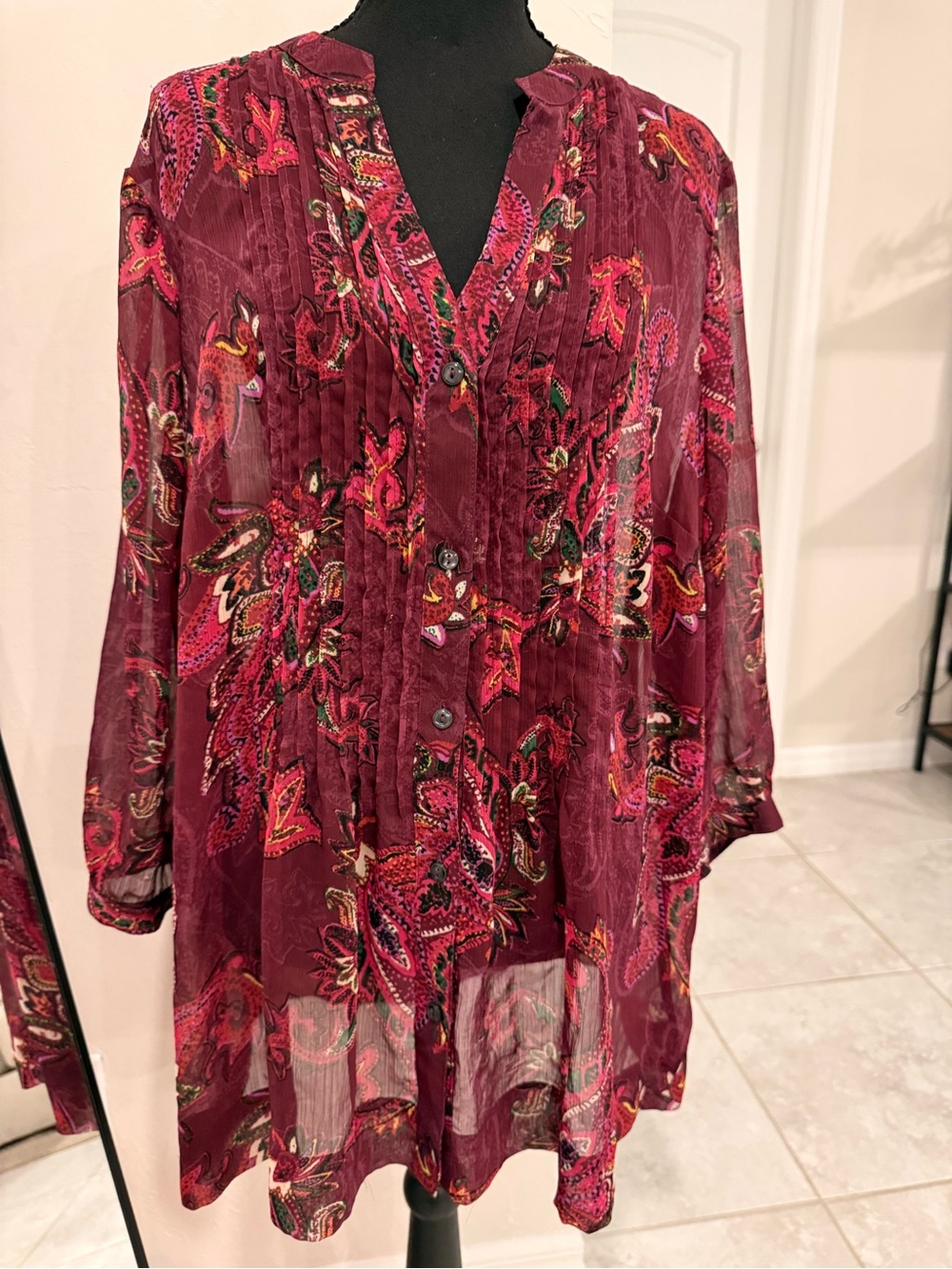 Charter Club Burgundy Paisley Long-Sleeve Sheer Plus Size Shirt